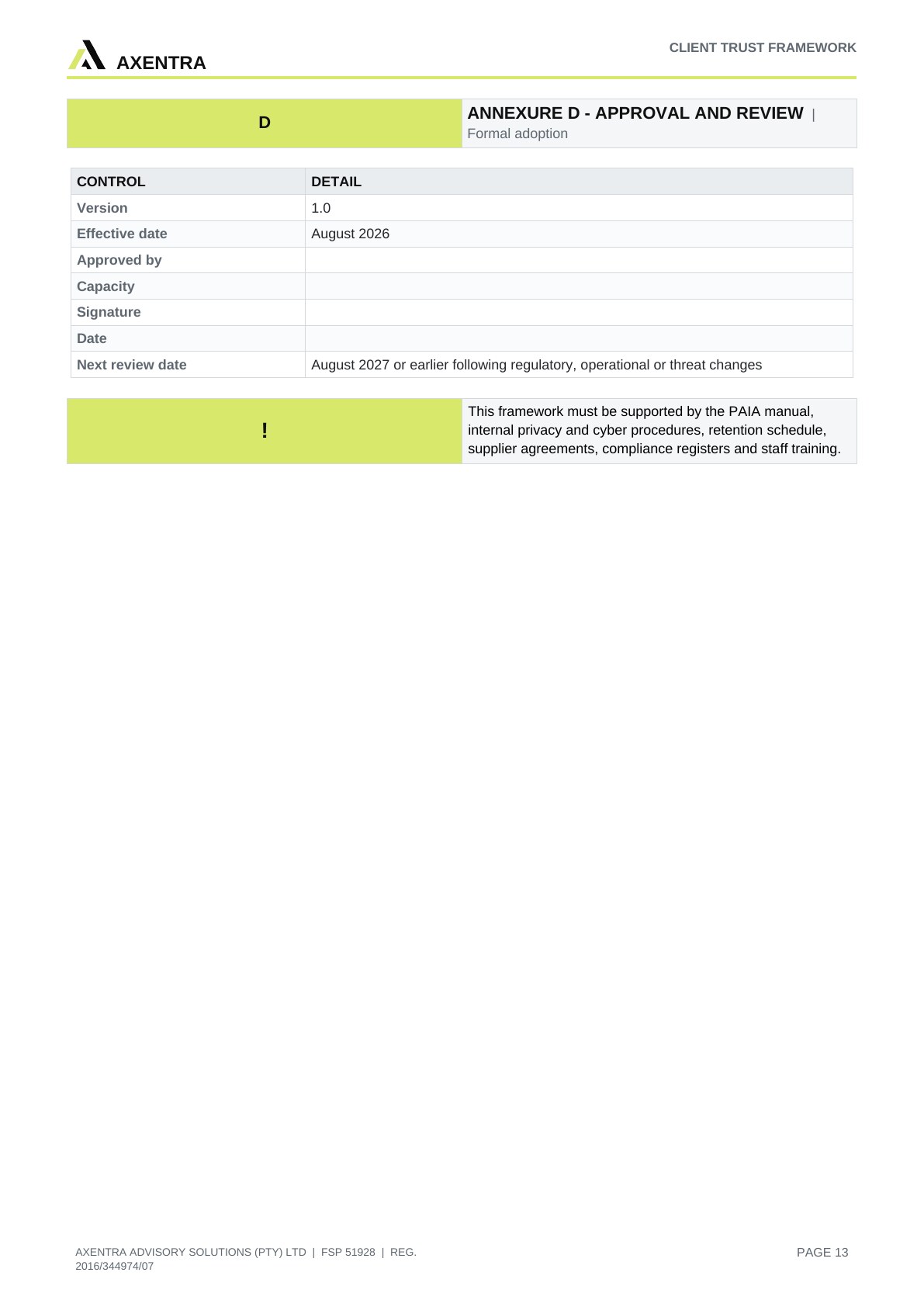 Client Trust, Privacy & Regulatory Disclosure Framework, page 13