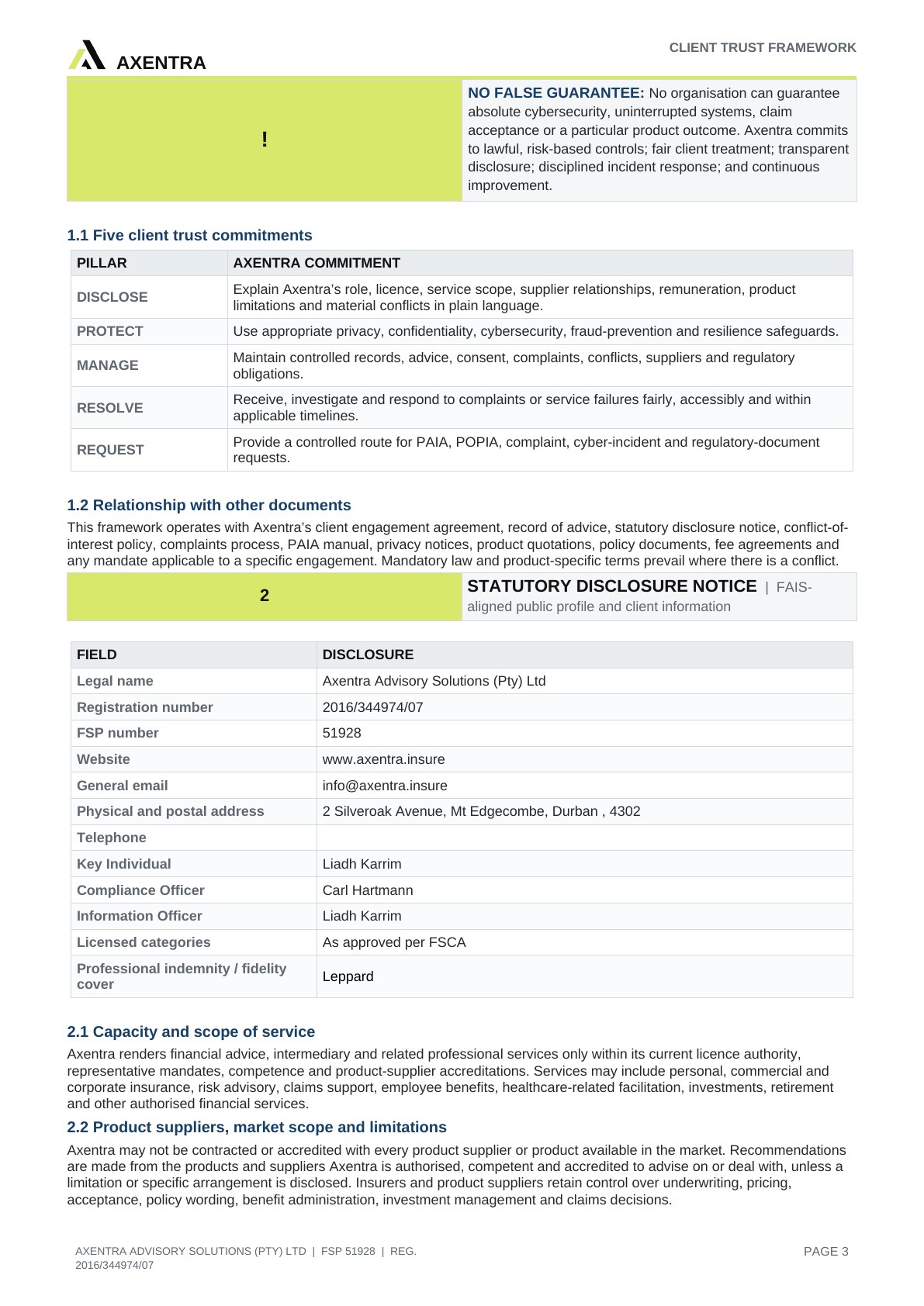 Client Trust, Privacy & Regulatory Disclosure Framework, page 3