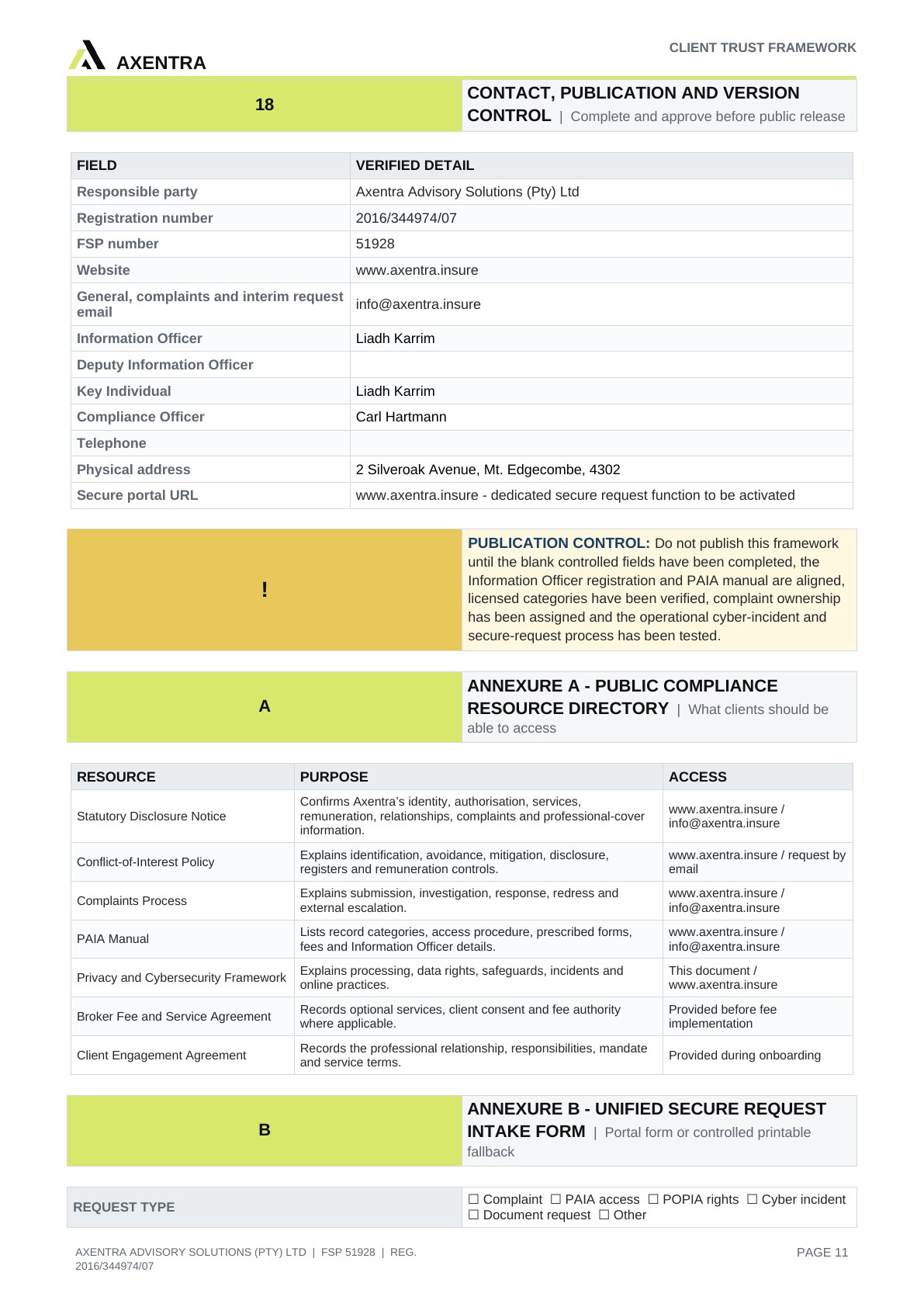 Client Trust, Privacy & Regulatory Disclosure Framework, page 11