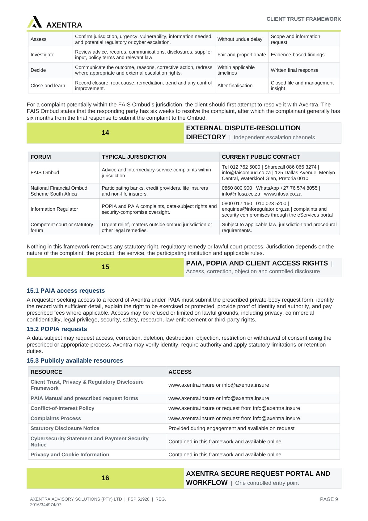 Client Trust, Privacy & Regulatory Disclosure Framework, page 9