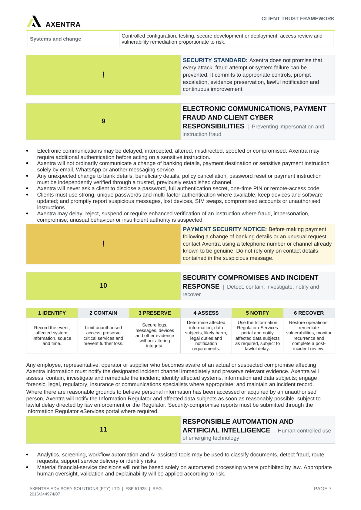 Client Trust, Privacy & Regulatory Disclosure Framework, page 7