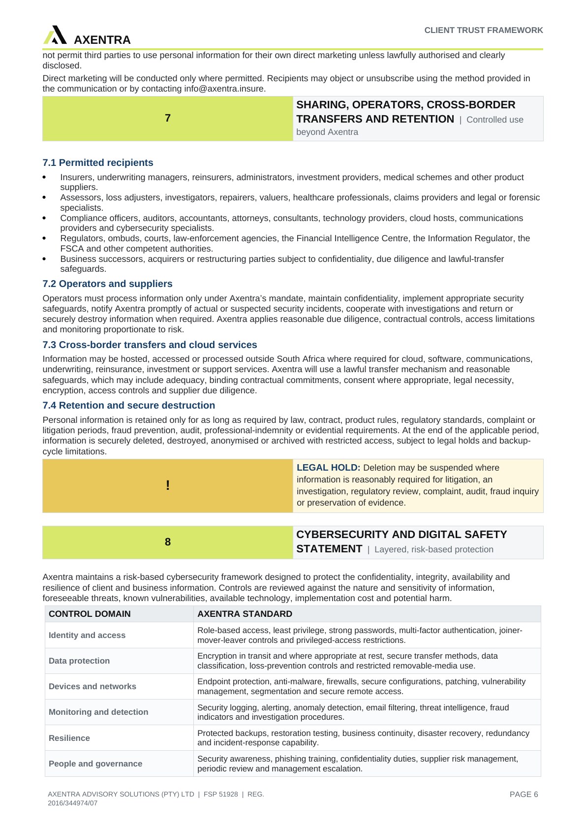 Client Trust, Privacy & Regulatory Disclosure Framework, page 6