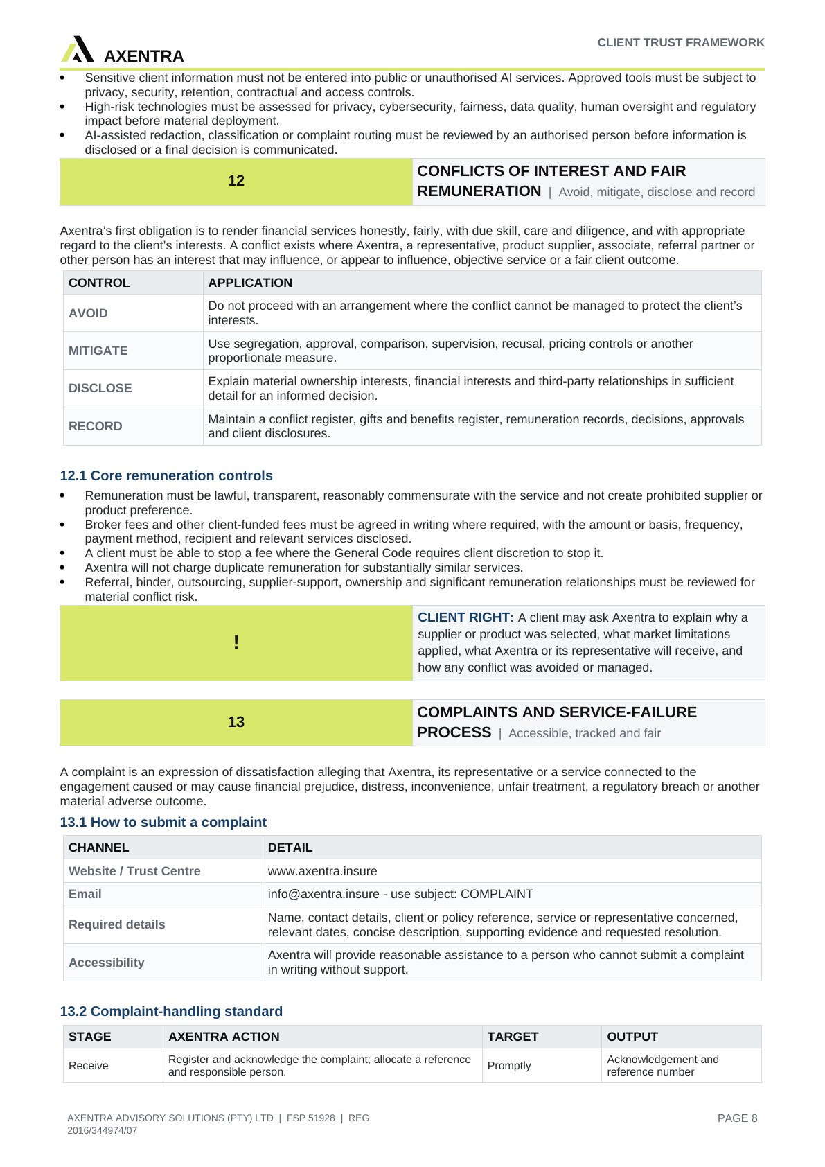 Client Trust, Privacy & Regulatory Disclosure Framework, page 8