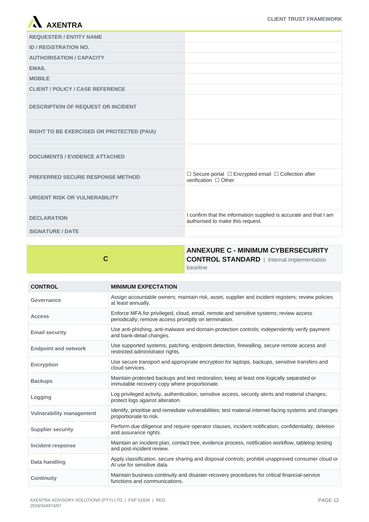 Client Trust, Privacy & Regulatory Disclosure Framework, page 12